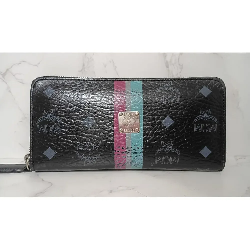MCM Black Visetos Leather Large Zip-Around Wallet with Pink Gray & Blue Stripes